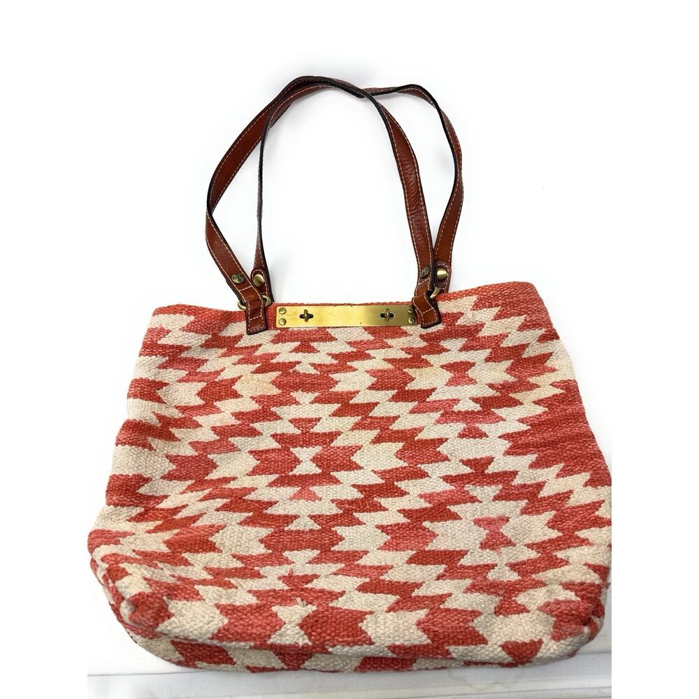 Patricia Nash Chennai Woven Cotton Tote Leather Straps Metal Bar Lock Coral